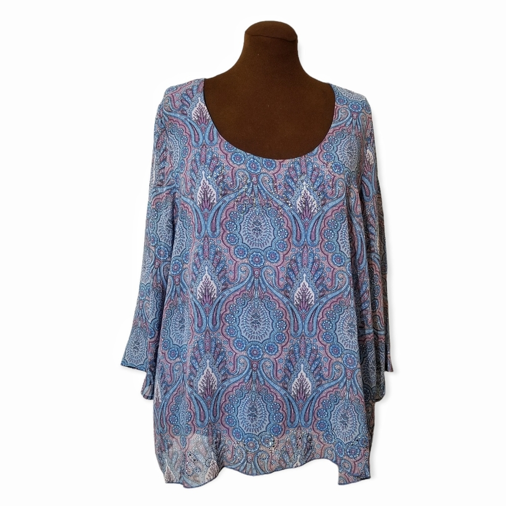One World Printed Blue Embellished Long Sleeve Top Woman Size 1X